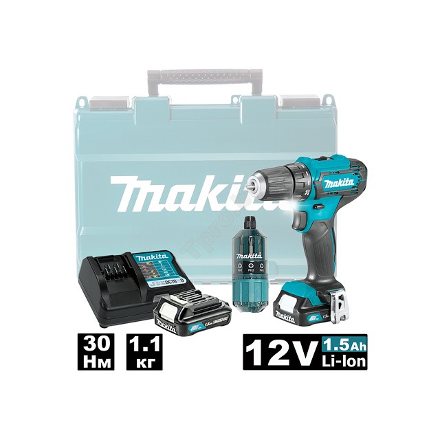 Дрель-шуруповерт аккумуляторная MAKITA DF333DAX13 (12 В) с 2-мя АКБ на 2.0 Ач, 30 Нм, 2 скор., набор бит, кейс, вес 1.1 кг